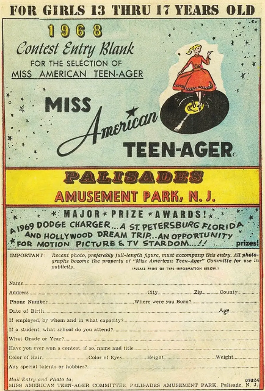 A vintage 1968 contest entry form for Miss American Teen-Ager, inviting girls aged 13-17 to compete for prizes, including a Dodge Charger, a Florida trip, and a movie screen test. Form fields at the bottom for applicant details.