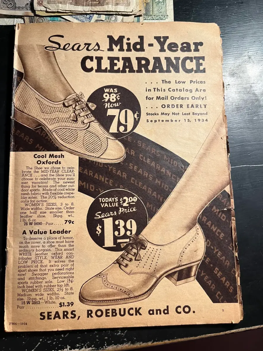 Vintage Sears catalog page showing women's oxford shoes on sale for 79¢ and $1.39, with "Mid-Year Clearance" and "SEARS, ROEBUCK AND CO." prominently displayed. Shoes are pictured with product details.