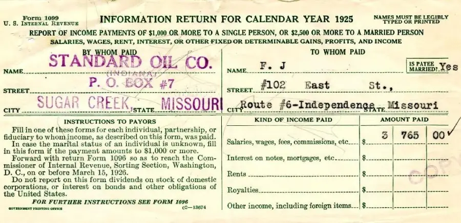 A 1925 U.S. Internal Revenue Service income tax form showing Standard Oil Co. as payer and F.J. as payee, with $3,765 income from salaries, wages, and commissions in Sugar Creek, Missouri.