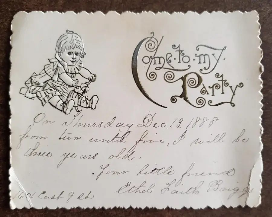 Vintage invitation with a drawing of a child and handwritten text inviting someone to a party on December 13, 1888, for a two-year-old, signed by Ethel Paula Bagg, with a decorative "Come to my Party" heading.