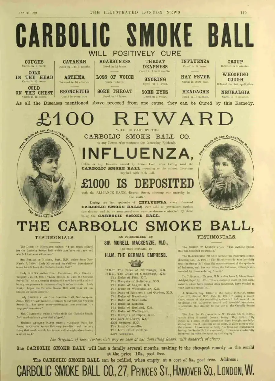 Vintage newspaper ad for "Carbolic Smoke Ball" claiming to cure colds, coughs, and flu, offering a £100 reward. Features two illustrations of women and dense bold, black text on a yellowed background.