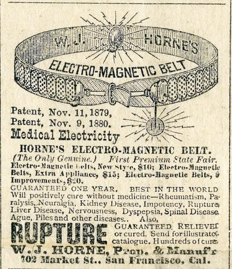 Vintage advertisement for W.J. Horne's Electro-Magnetic Belt, claiming to cure various ailments. The image shows a labeled belt with clasps and electric nodes. Text includes patent dates and treatment claims.