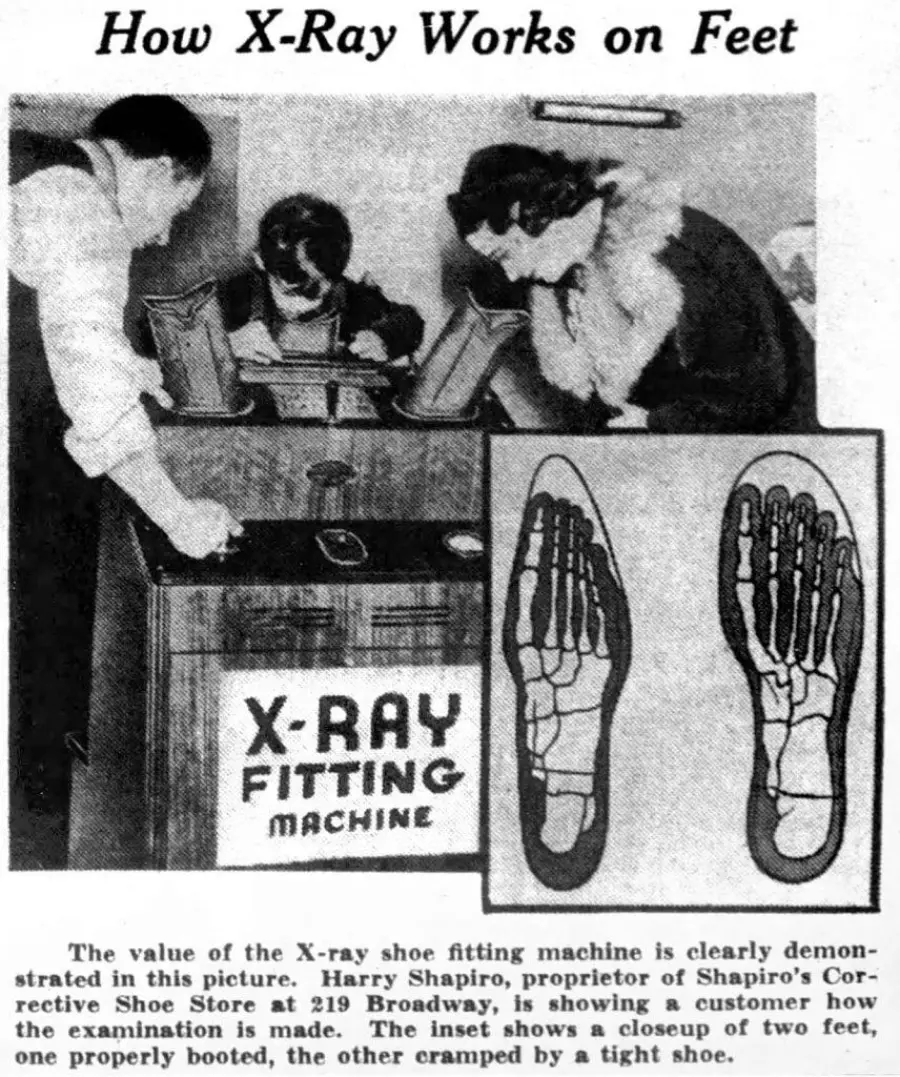 Two women use an X-ray shoe fitting machine. An inset shows X-ray images of feet: one in a proper shoe, the other cramped by a tight shoe. Text explains the X-ray's use for fitting shoes.