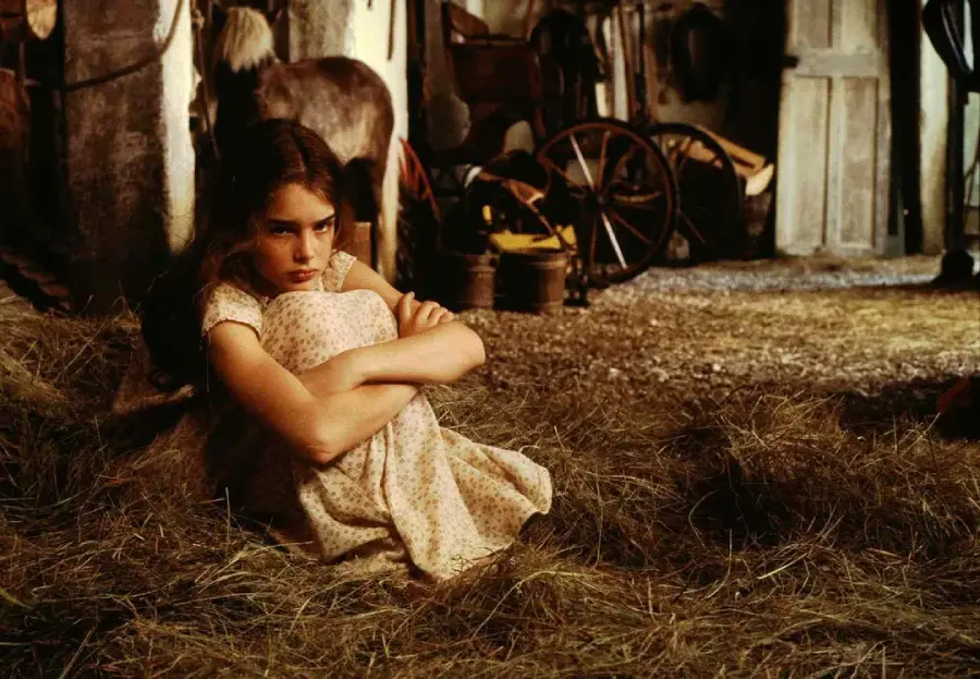 A young girl in a patterned dress sits on hay in a barn, hugging her knees and looking upset. Behind her are rustic farm tools, wooden barrels, and a wagon wheel. Light filters in from an open door.