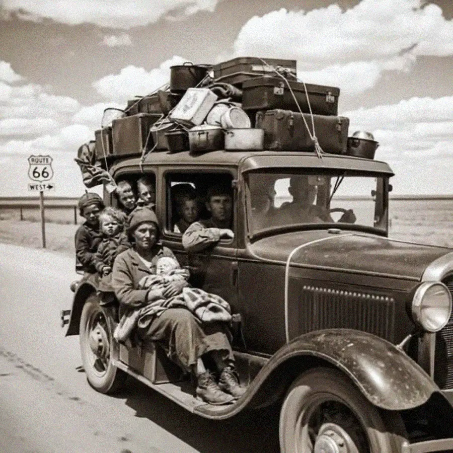 A family rides in an old car overloaded with luggage on Route 66. Adults and children sit inside and on the car, suggesting a journey during the Great Depression era. The sky is partly cloudy.