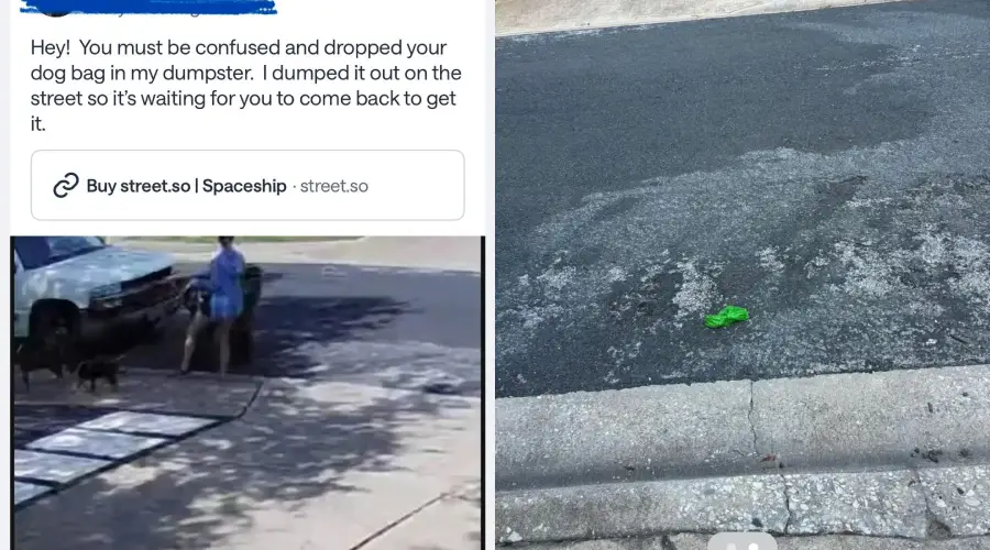 Left: Person with a dog and a blue bag near a car on a sidewalk. Right: Green dog waste bag left on a street. A social media post explains the situation above the images.