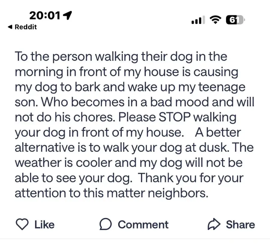 A social media post complaining about neighbors walking their dog in front of the house, causing the writer’s dog to bark and disturb their son. The writer asks them to walk their dog at dusk instead. Social media icons are below the text.