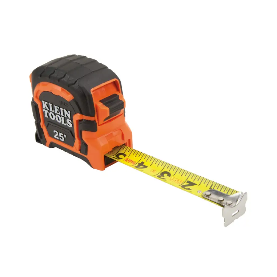 A 25-foot Klein Tools tape measure with an orange and black casing, partially extended to show the yellow measuring tape marked with black numbers.