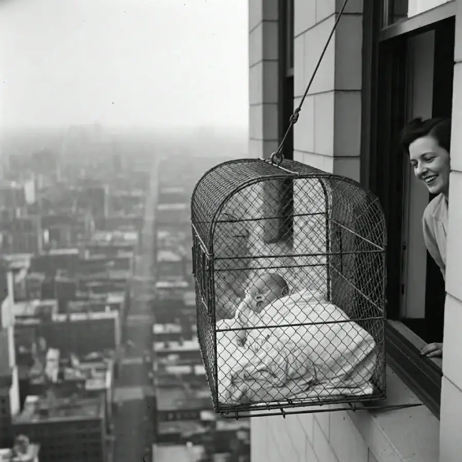 A baby lies in a wire cage hanging outside a high-rise apartment window, while a smiling woman looks out from inside. The cityscape is visible below.