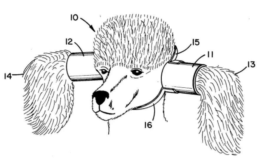 Line drawing of a poodle with its ears inside cylindrical tubes labeled with numbers, possibly as part of a protective or grooming device. The dog's face looks forward, and each ear extends out of a tube.