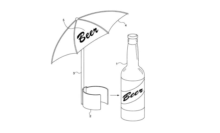 Line drawing of a beer bottle with a label reading "Beer" and a clip-on umbrella attachment labeled with numbers, providing shade for the bottle.