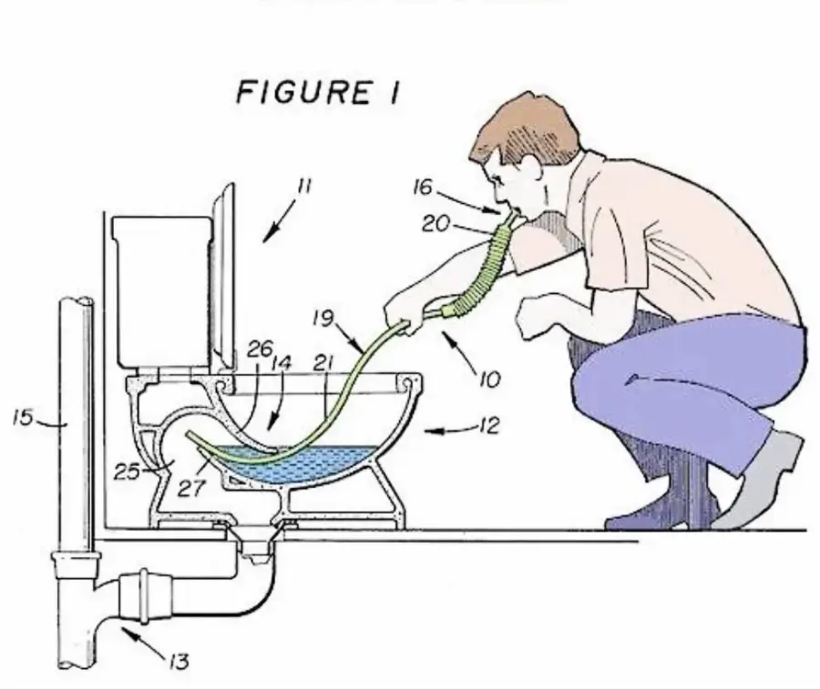 A man squats by a toilet, using a hose to siphon water from the bowl, shown in a labeled diagram with plumbing details.