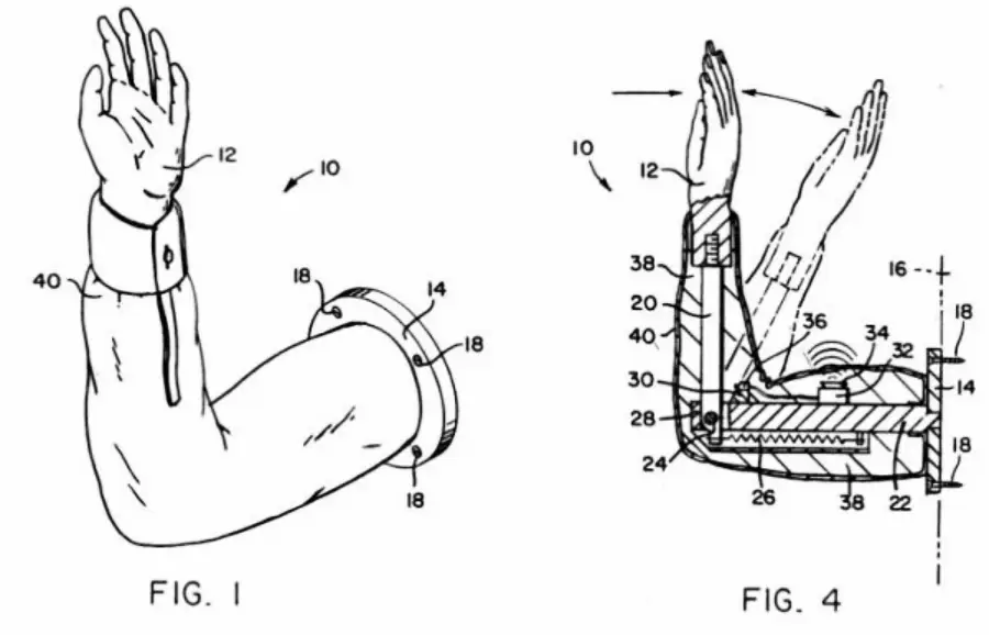 Patent drawings show a mechanical arm mounted on a base. One view shows the exterior, while the other shows an internal cross-section with gears and mechanisms for arm movement.