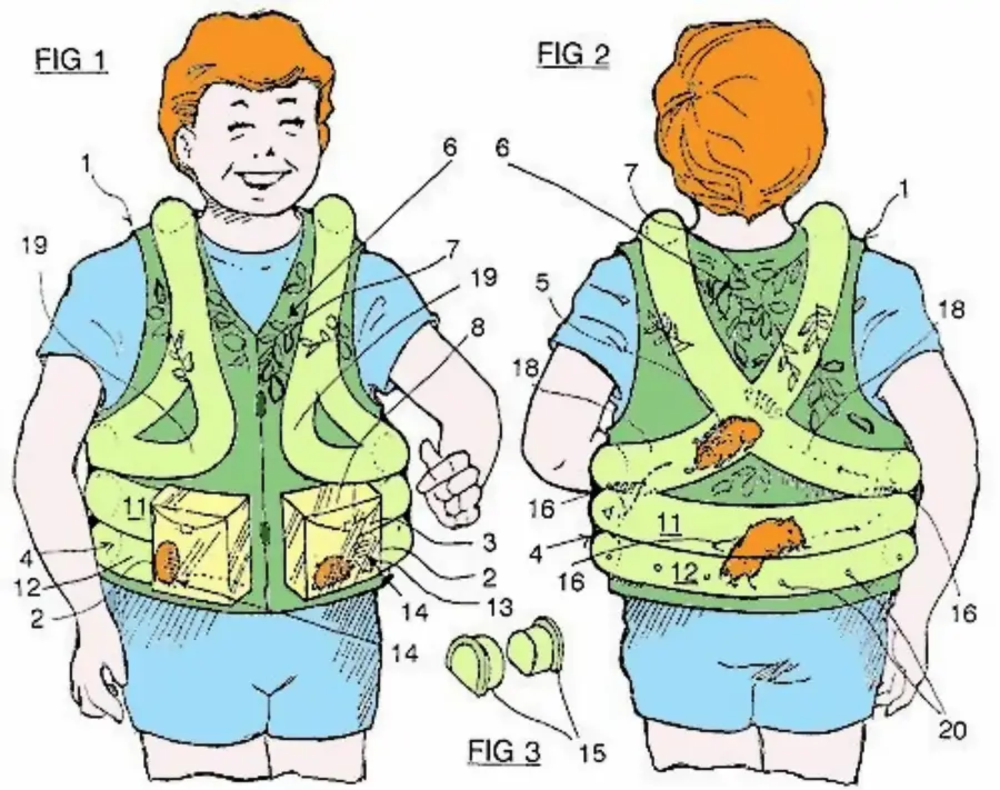 Cartoon illustration of a child wearing a green flotation vest, with labeled parts shown from the front and back; includes close-up of a cylindrical object.