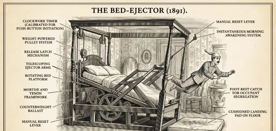 A vintage illustration of the "Bed-Ejector" (1891), showing a mechanical bed that ejects a man in pajamas onto a padded mat, with labeled parts like gears, levers, and an awakening system.