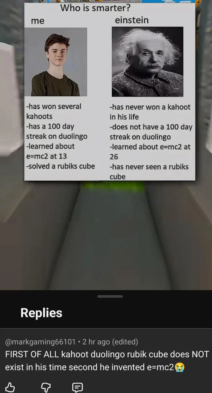 A meme comparing a young person and Einstein with funny text about modern achievements like Duolingo, Kahoot, and Rubik's Cube, highlighting that Einstein never did any of them.