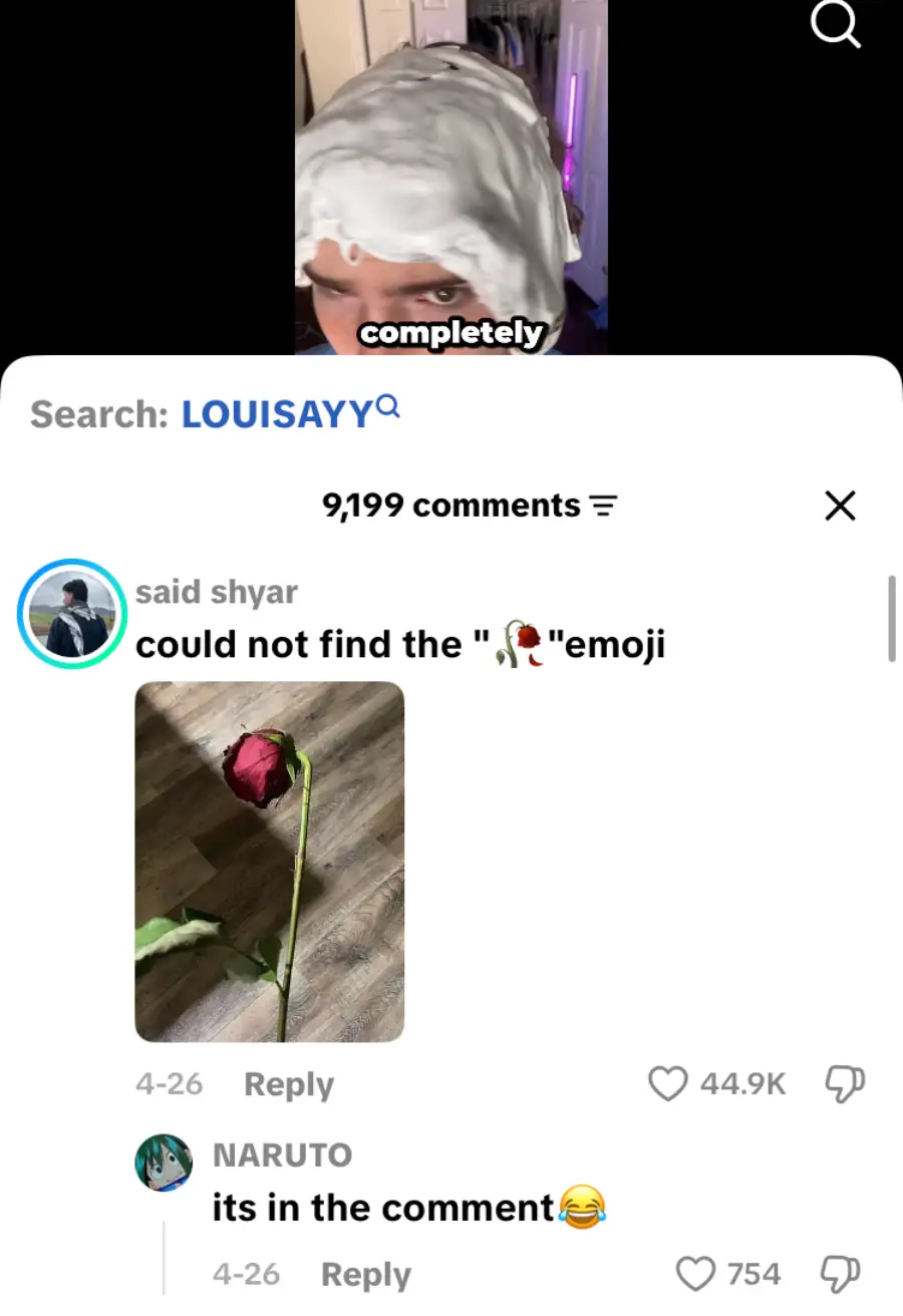 A TikTok video shows a person in a shower cap. Below, a comment says "could not find the 🌹 emoji," with a photo of a real rose. Another user replies, "its in the comment😂.