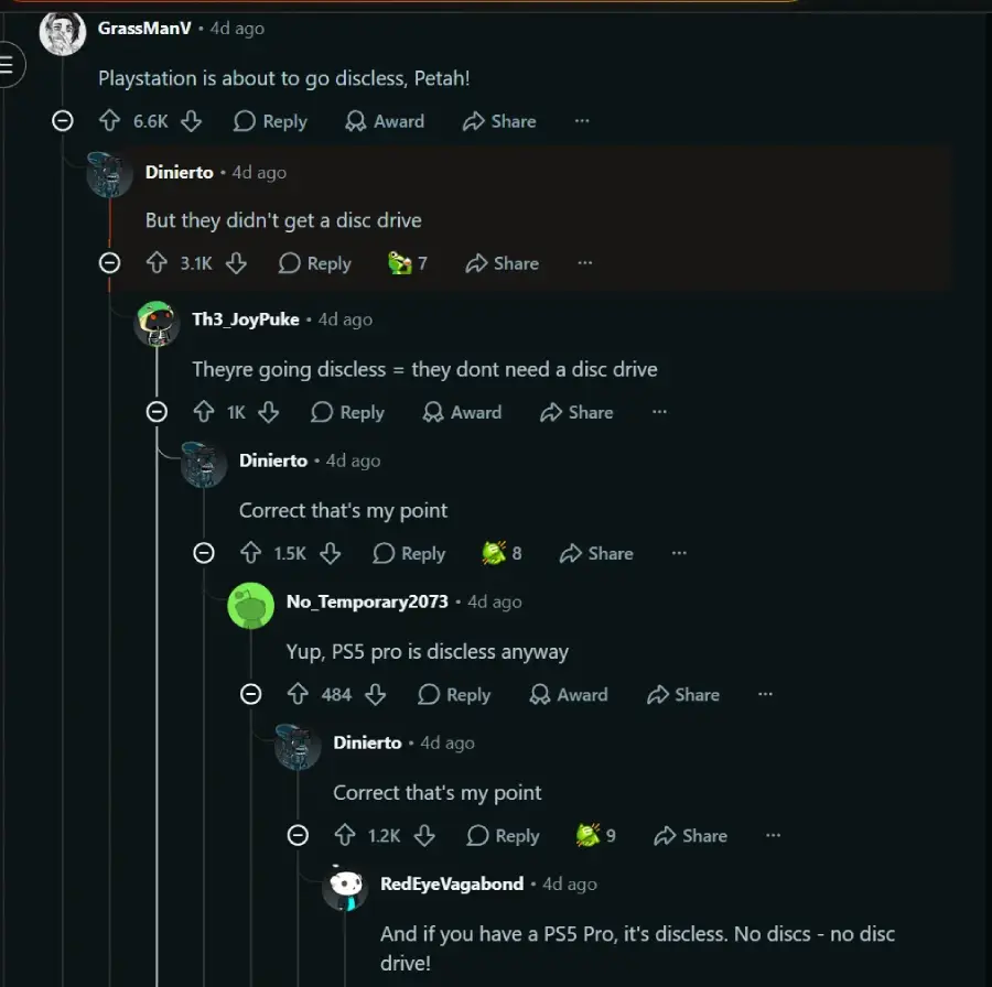 Screenshot of a Reddit thread discussing PlayStation going disc-less, with multiple users commenting that PlayStation 5 and PS5 Pro models do not have disc drives.