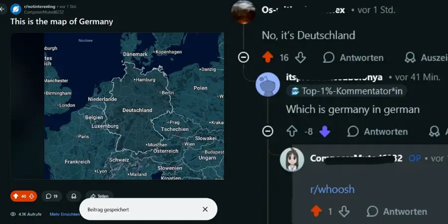 A Reddit post shows a map of Germany and a thread where users humorously debate whether the map is of Germany or “Deutschland.”