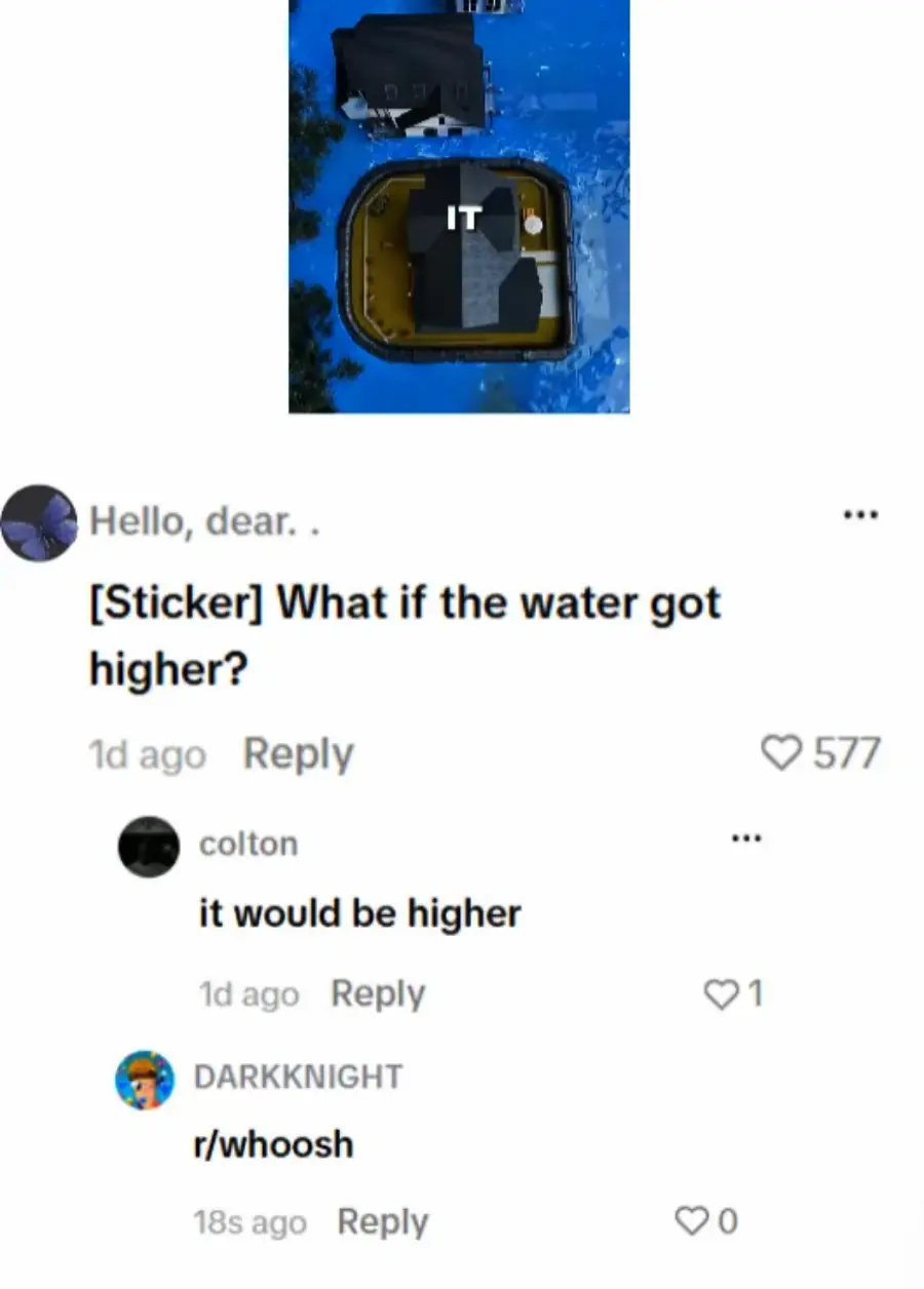 A meme with an overhead photo of a flooded house and Reddit comments jokingly asking, “What if the water got higher?” The reply says, “it would be higher,” followed by “r/whoosh.”