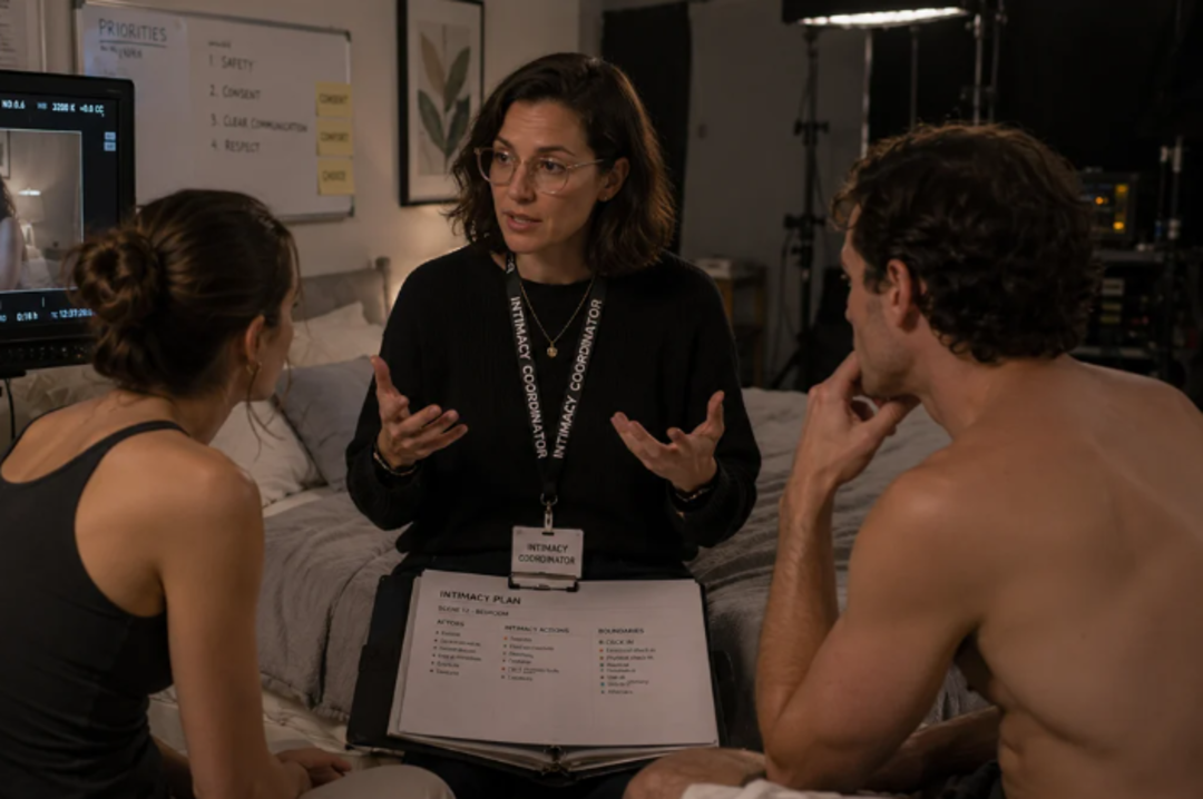 Three people sit on a bed discussing documents. A woman with glasses and a lanyard labeled "Intimacy Coordinator" gestures while speaking to two actors, who listen attentively. A film camera screen is visible on the left.