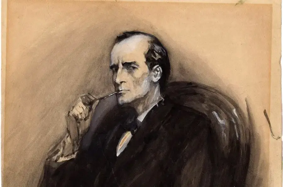 A monochrome sketch of a man in a suit sitting in a chair, holding a pipe to his mouth, looking thoughtfully to the side against a light brown background.