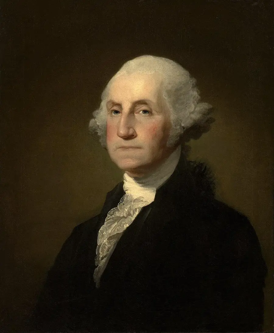 Portrait of a man with white hair, wearing a black coat, white ruffled shirt, and a solemn expression, set against a dark background.