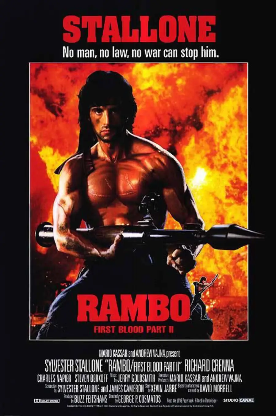 Movie poster for "Rambo: First Blood Part II" shows a muscular man with a gun and explosive arrows, standing in front of an explosion. Bold text says "STALLONE" and "No man, no law, no war can stop him.