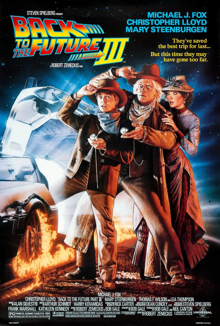 Movie poster for "Back to the Future Part III" showing three characters in cowboy attire next to a DeLorean car, looking surprised, with a fiery trail behind the car and a dramatic orange sky background.