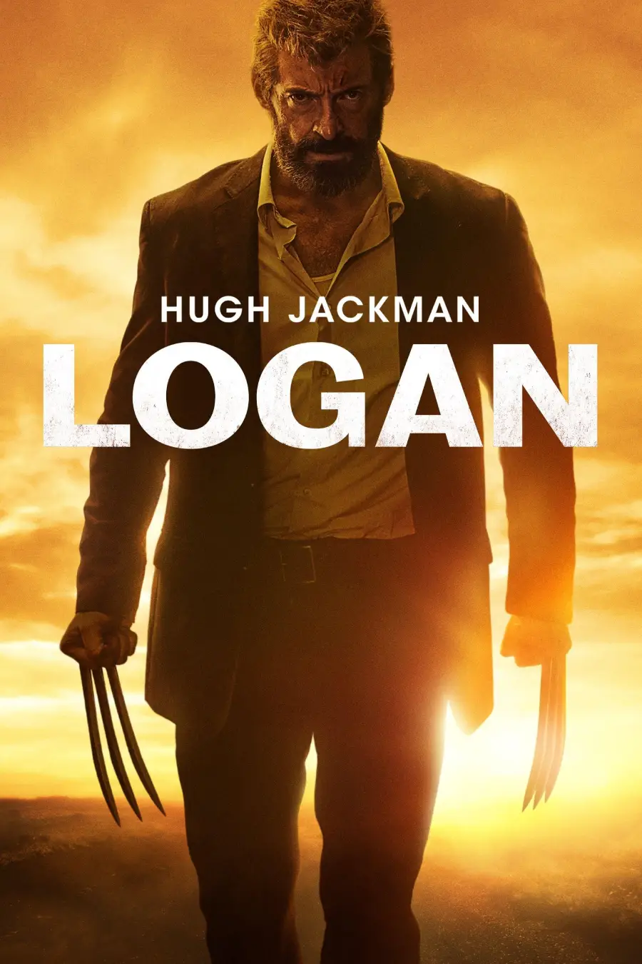 A rugged man with claws walks forward in a sunset, wearing a suit. “Hugh Jackman LOGAN” appears in bold white text over the image.