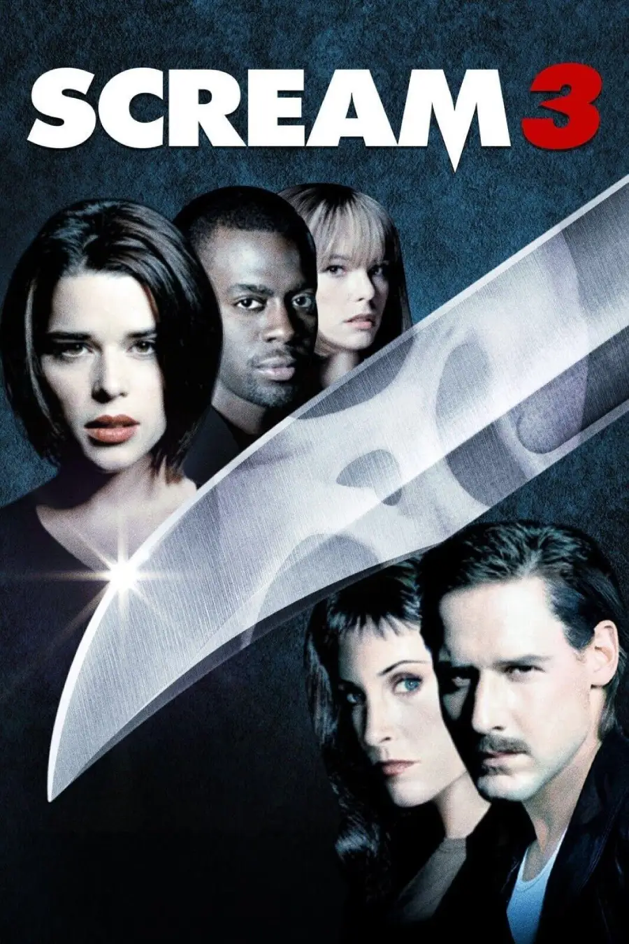 Five serious-looking people are pictured behind a large, shiny knife blade. Above them, "SCREAM 3" is written in bold, white letters against a dark, textured background.