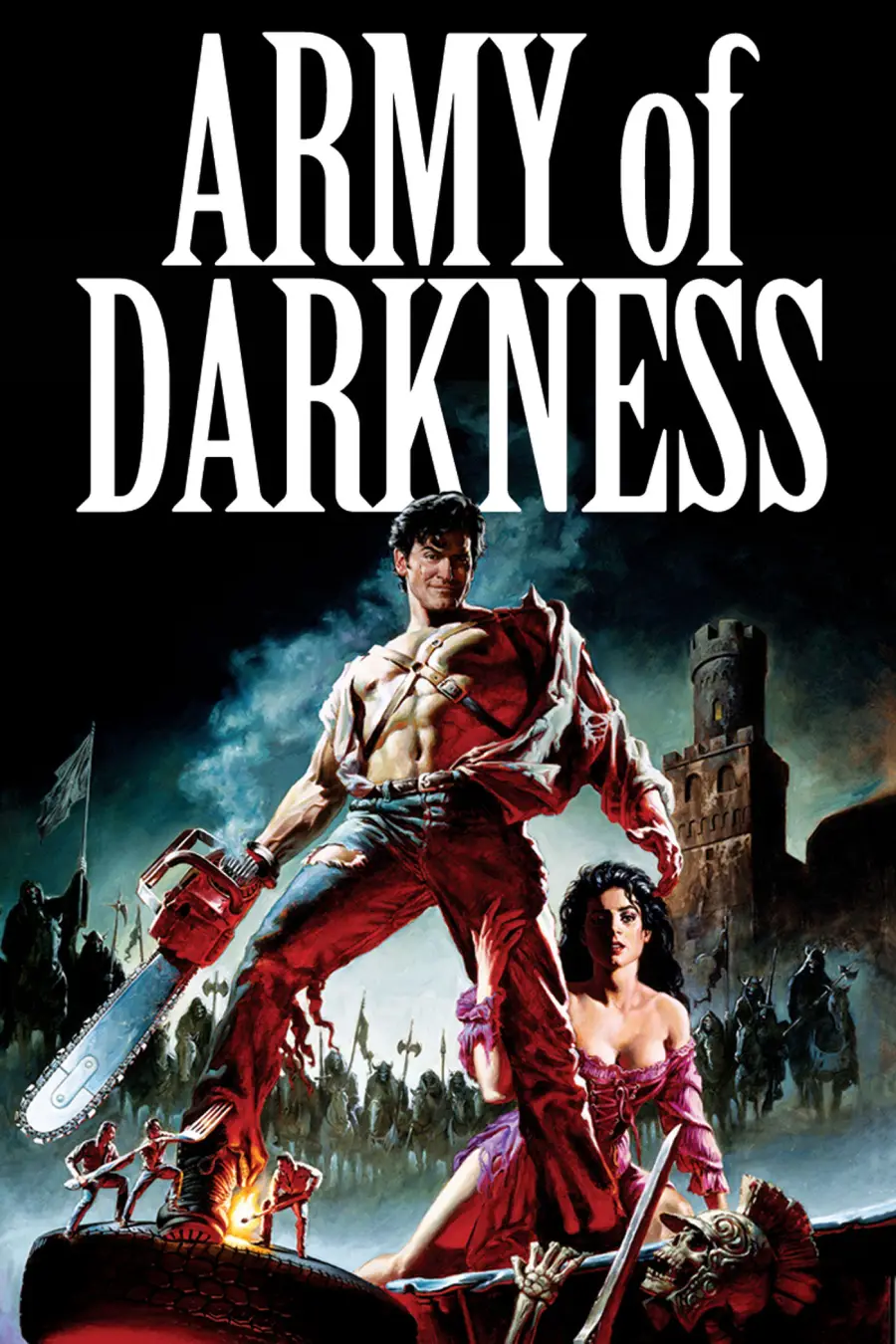 A man with a chainsaw hand and torn shirt stands heroically with a woman clinging to his leg. A dark castle and army appear in the background under the bold title "ARMY of DARKNESS.