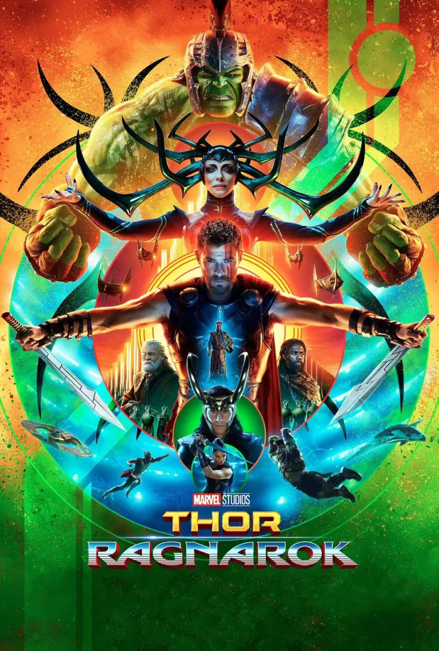 Colorful "Thor: Ragnarok" movie poster featuring Thor with swords, Hulk above, Hela in the center, Valkyrie, Loki, and other characters, with a vibrant, circular cosmic background. Marvel Studios logo at the top.