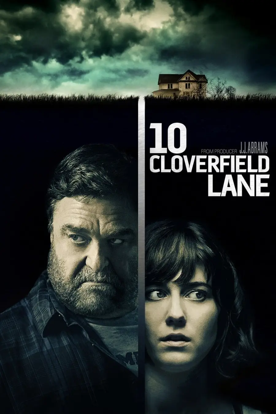 A tense movie poster for "10 Cloverfield Lane" showing two serious characters below ground, with a house and dark clouds above ground. The title appears between the characters.