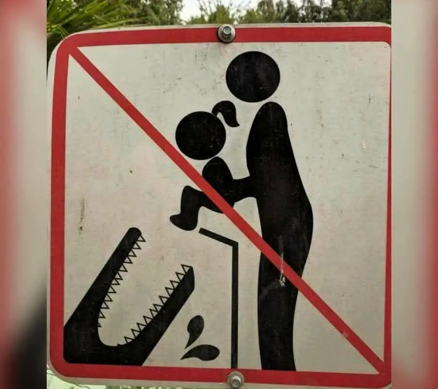 Warning sign: A stick figure adult holding a child over a railing near an open-mouthed alligator, with a red diagonal line indicating not to do this.