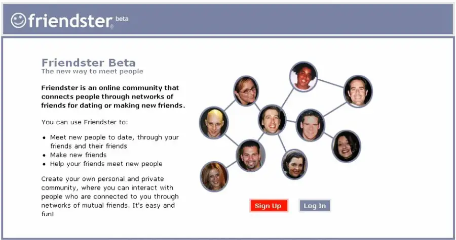 Screenshot of the Friendster Beta homepage, showing the logo, a description of the site’s features, and a diagram of connected profile pictures. Two buttons at the bottom read "Sign Up" and "Log In.