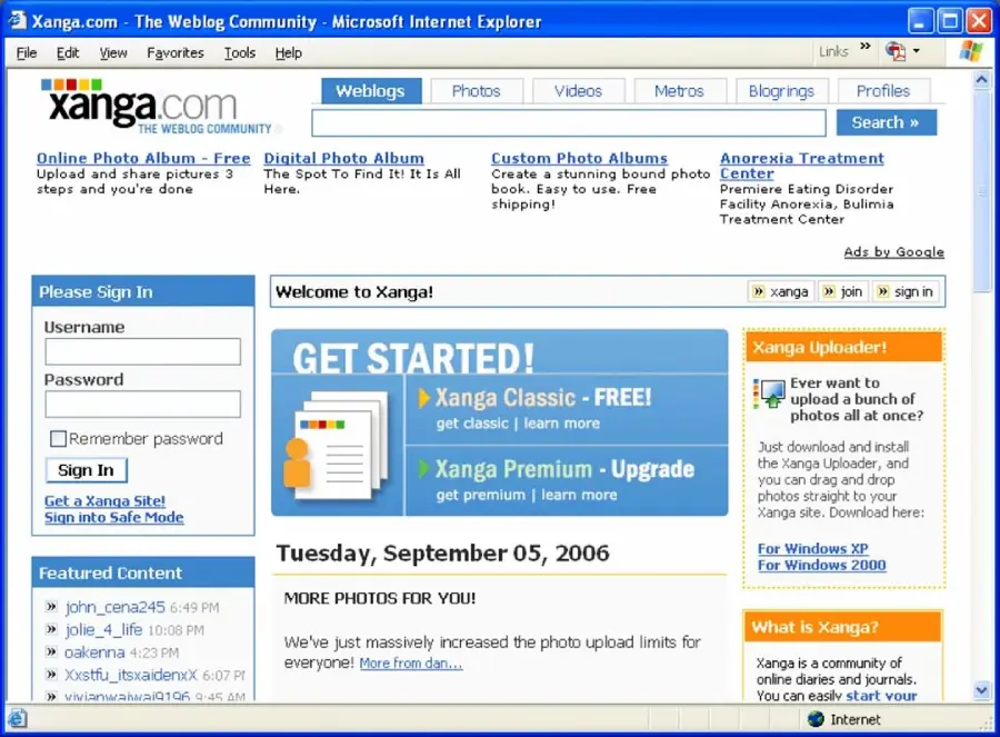 Screenshot of the Xanga.com homepage from 2006, showing sign-in fields, navigation menus, a "Get Started!" promo for Xanga Classic and Premium, and a blog entry dated September 5, 2006, about photo uploads.