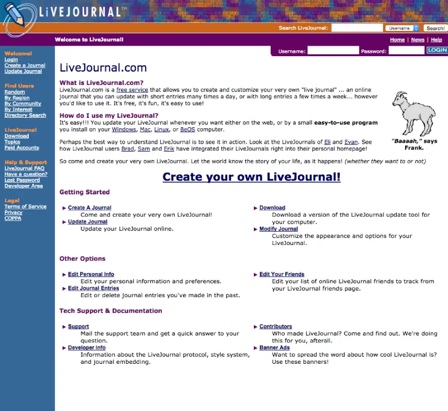 Screenshot of the LiveJournal website homepage, featuring navigation links on the left, a purple header, a camel cartoon saying "Baaah," and main content explaining how to create and customize a LiveJournal.