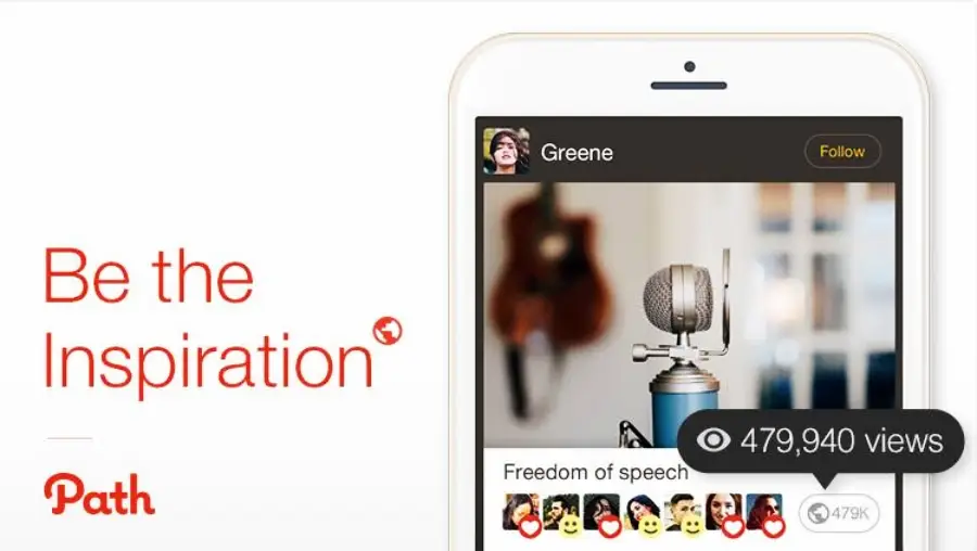 A smartphone screen shows a social media post featuring a vintage microphone and musical instruments in the background, with the text “Be the Inspiration” and the Path app logo on the left. The post has 479,940 views.