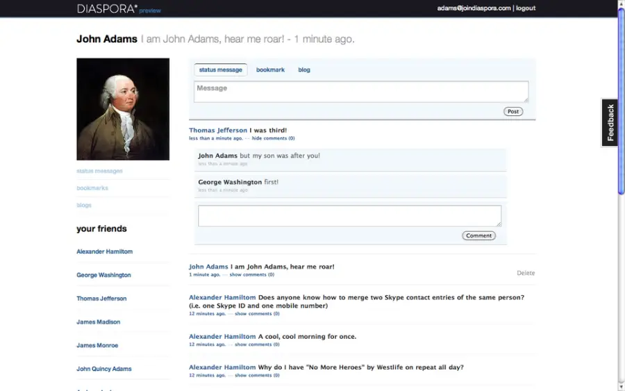 A mockup of a social media profile for John Adams with a profile picture, status updates, and interactions with historical figures like Thomas Jefferson and George Washington. Friends list and conversations are visible on the left.