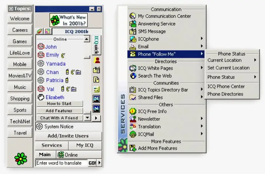 Screenshot of an old ICQ instant messaging interface with a contacts list on the left and a "Services" menu on the right showing options like Communication Center, ICQphone, and the Phone "Follow Me" submenu.