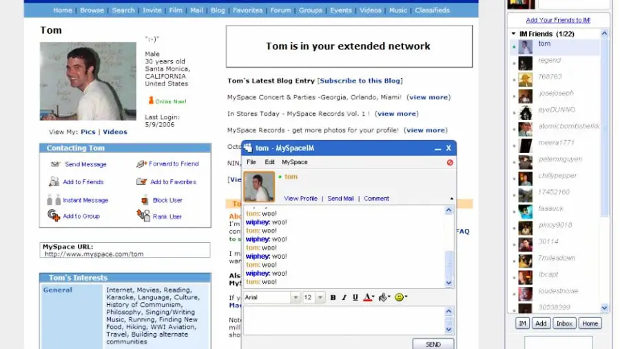 Screenshot of a classic MySpace profile page featuring Tom’s profile on the left, a chat window in the center, and a list of online friends on the right. The layout includes profile info, blog entry, and contact options.