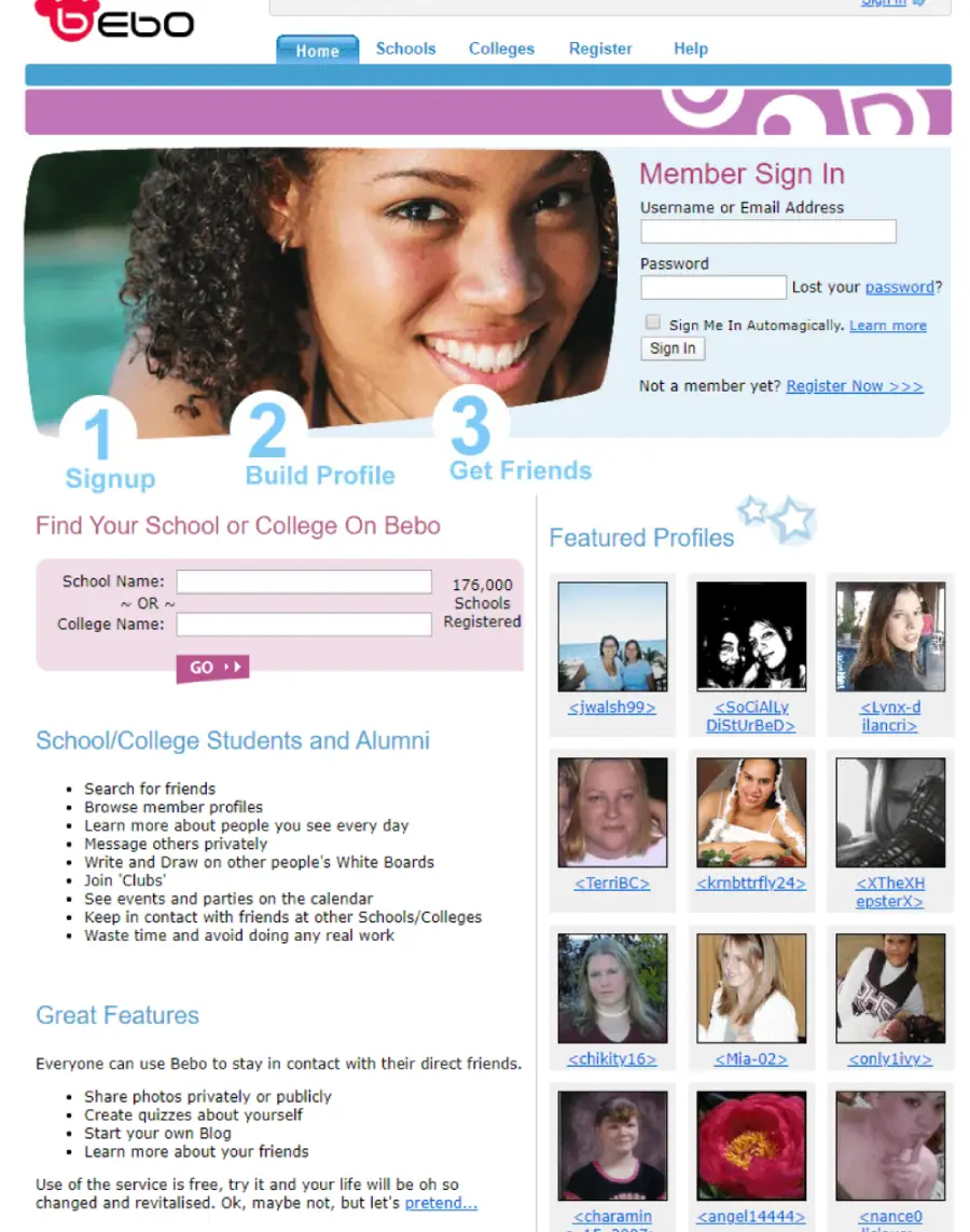 A screenshot of the Bebo social networking website’s sign-in page, featuring a smiling woman at the top, sign-up instructions, a school/college search, and a sidebar with member profile images and usernames.