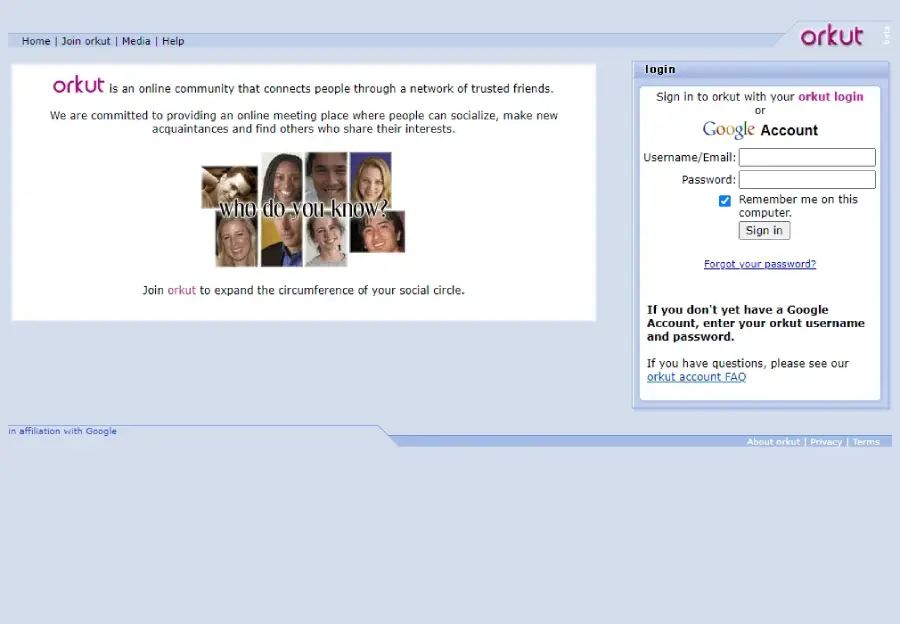 Screenshot of Orkut’s login page, featuring the Orkut logo, a login box with Google Account fields on the right, and a central banner showing faces and the text “who do you know?” above a join message.