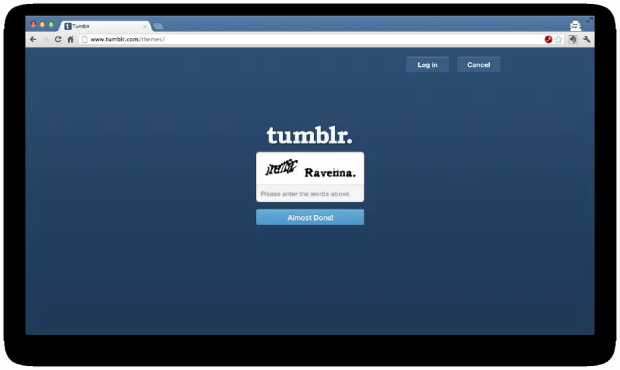 A tumblr login page with a captcha box asking users to enter distorted text and the word "Raveina" before clicking the "Almost Done!" button. The page also has "Log in" and "Cancel" options.
