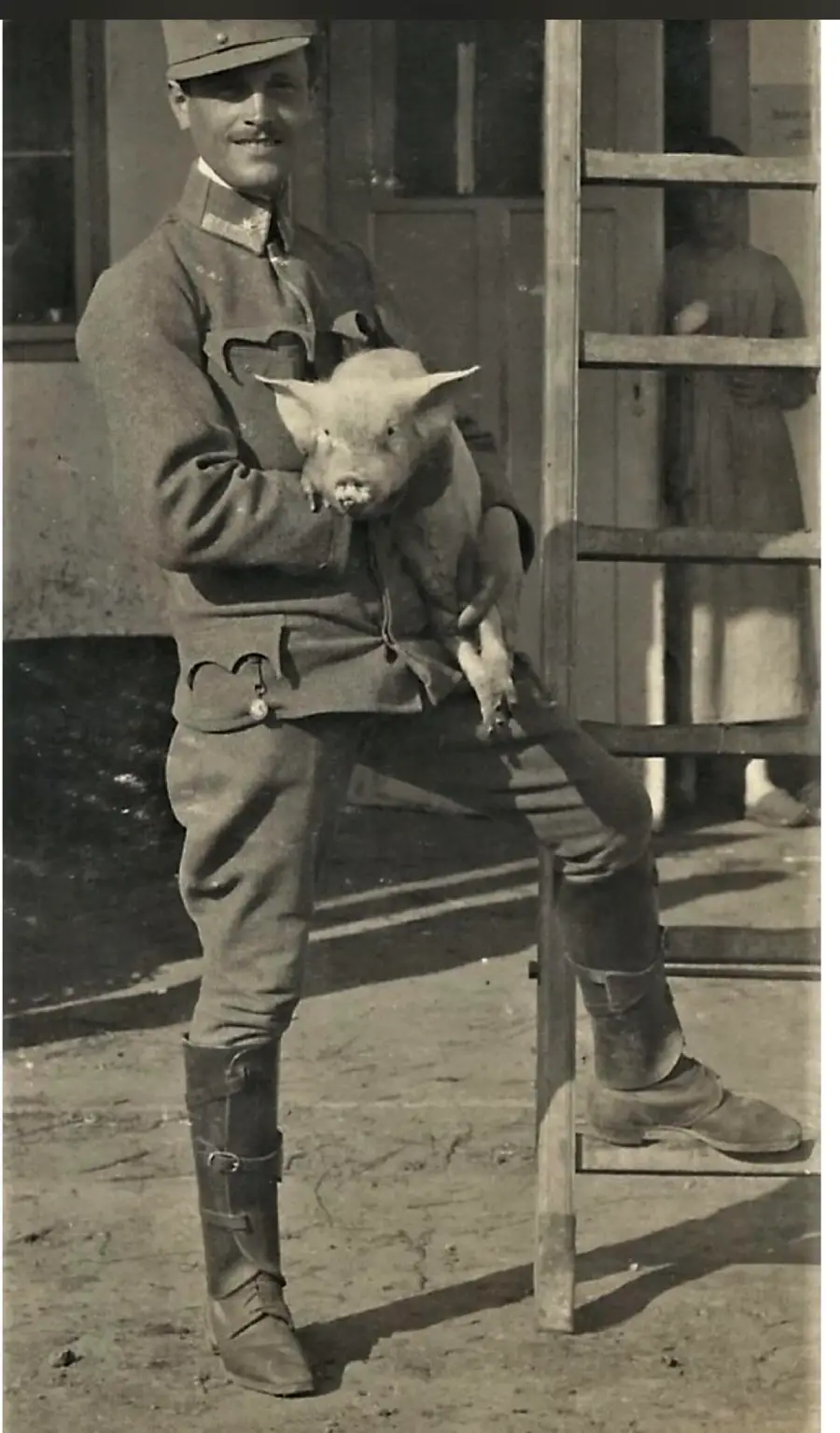A man in a military uniform stands outdoors, holding a piglet in his arms and resting one foot on a ladder. Another person is blurred in the background, partially visible through a doorway.