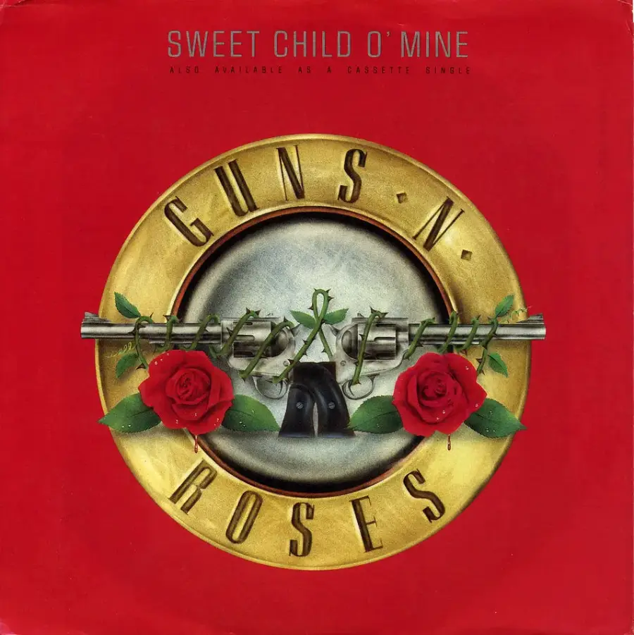 Guns N' Roses “Sweet Child O’ Mine” single cover features the band’s logo: gold circle, two red roses, pistols, and the song title at the top on a red background.