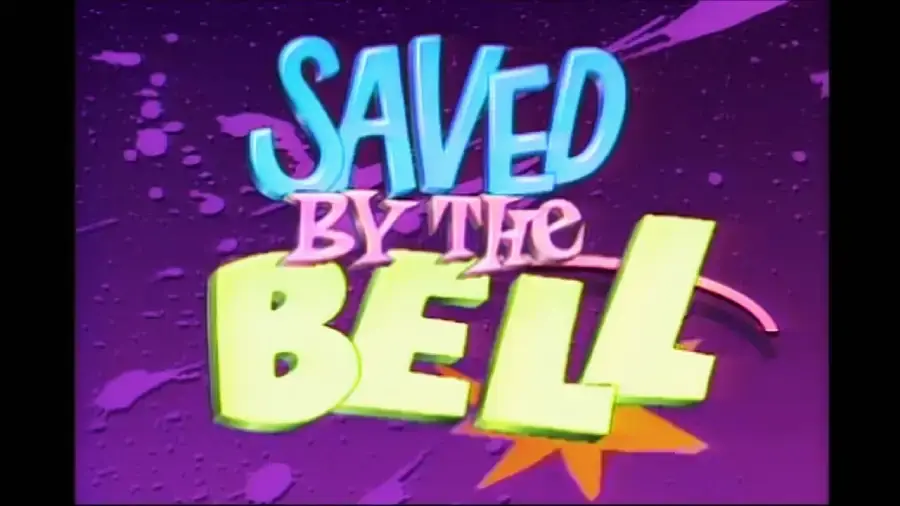 Colorful "Saved by the Bell" title screen with blue, pink, and yellow text on a purple background with abstract shapes and a star.