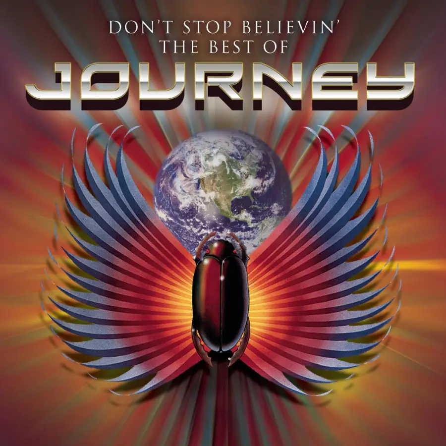 Album cover for Journey’s “Don’t Stop Believin’ The Best of Journey,” featuring a scarab beetle with rainbow wings and the Earth above it against a radiant, colorful background.