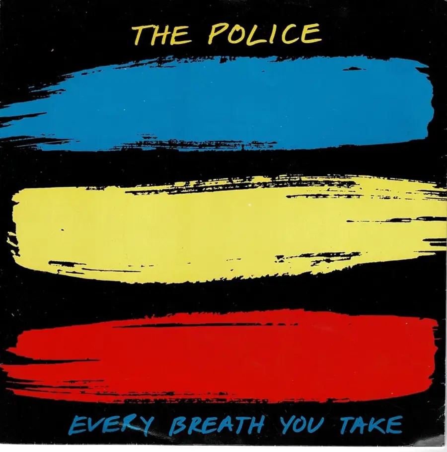 Album cover with "THE POLICE" written in yellow above blue, yellow, and red paint streaks on a black background. "EVERY BREATH YOU TAKE" is written at the bottom in blue text.